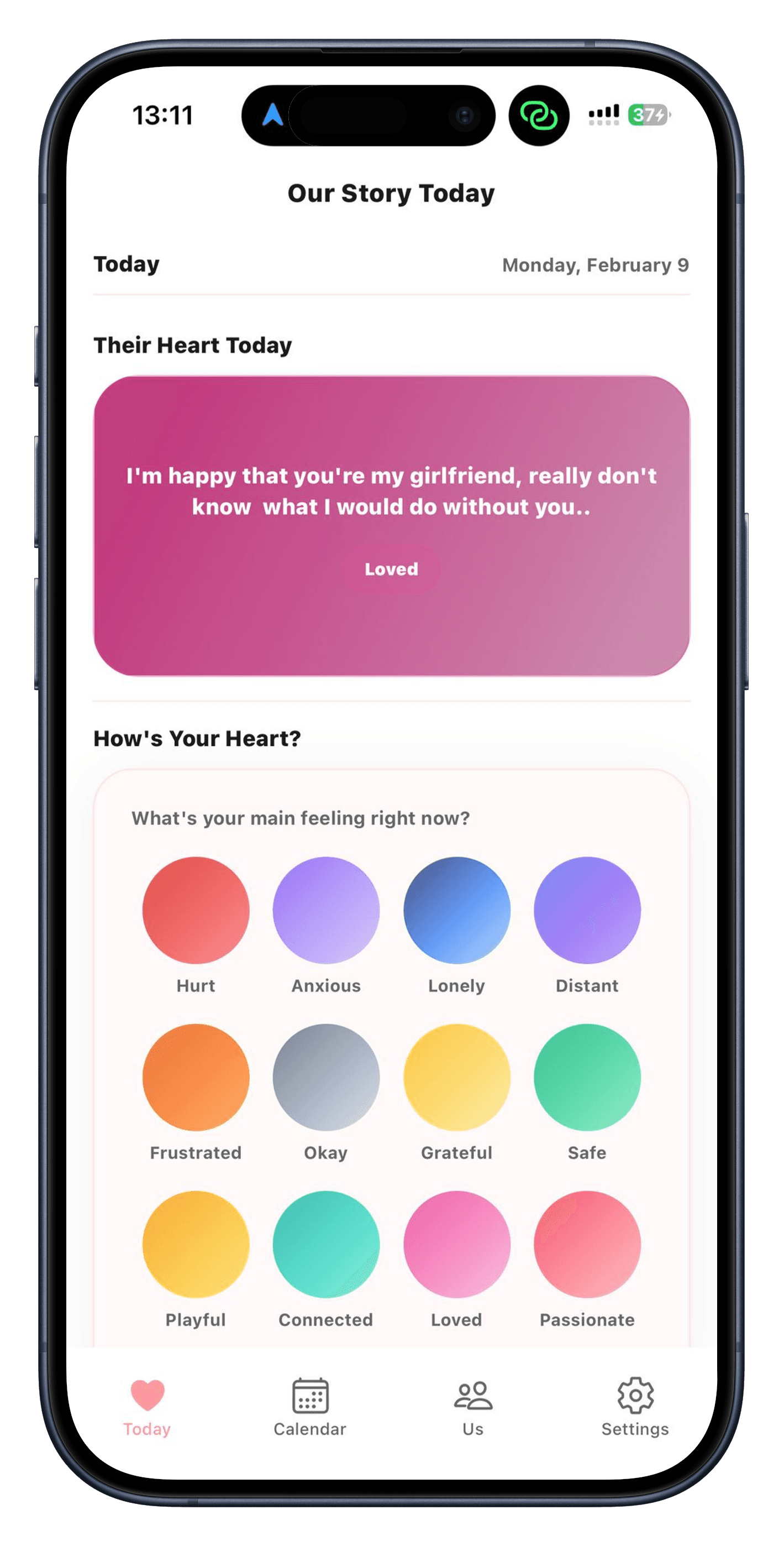 Relationship App daily mood check-in screen showing emoji moods and notes