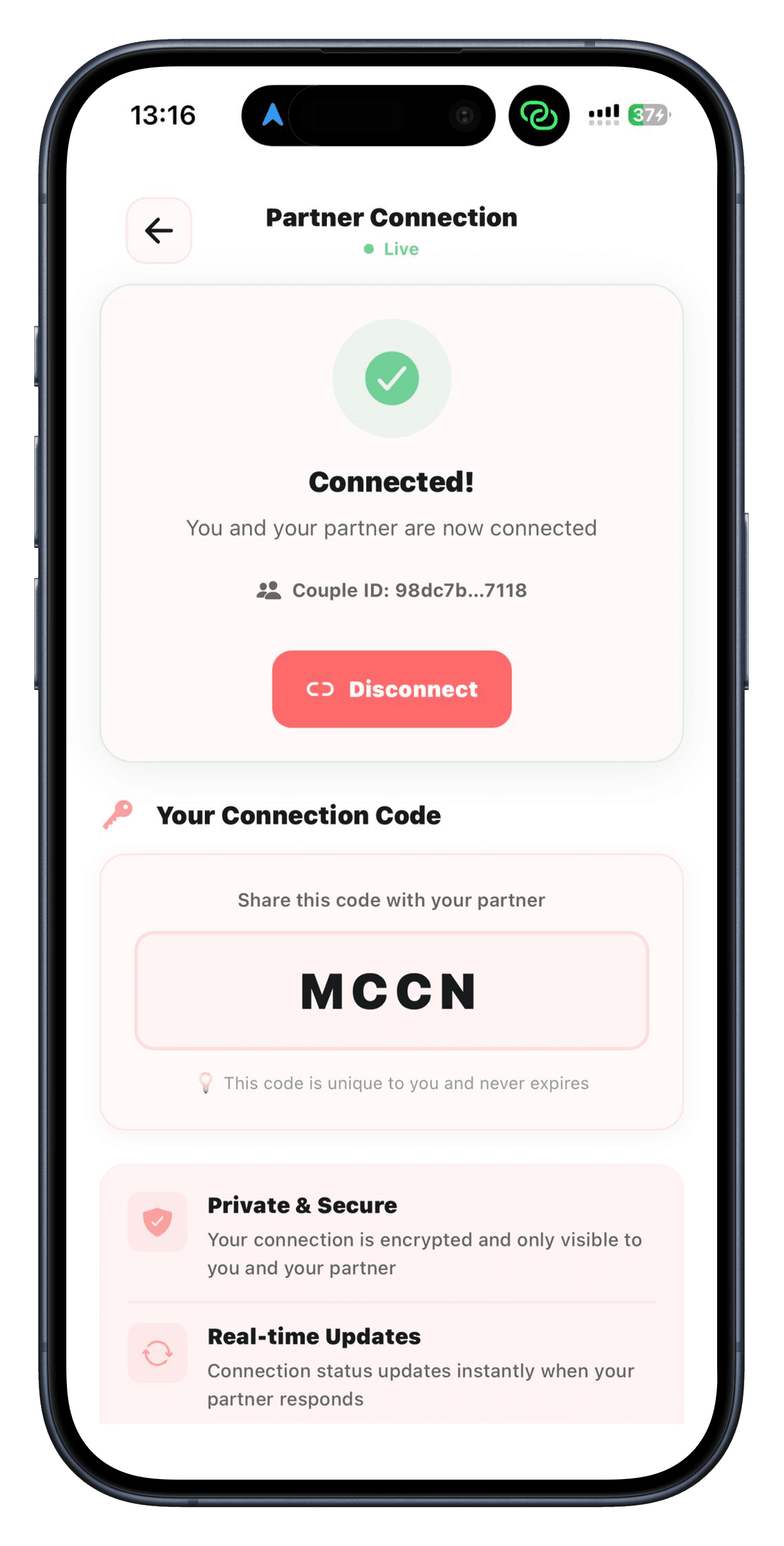 Partner connection screen showing unique code pairing between two people
