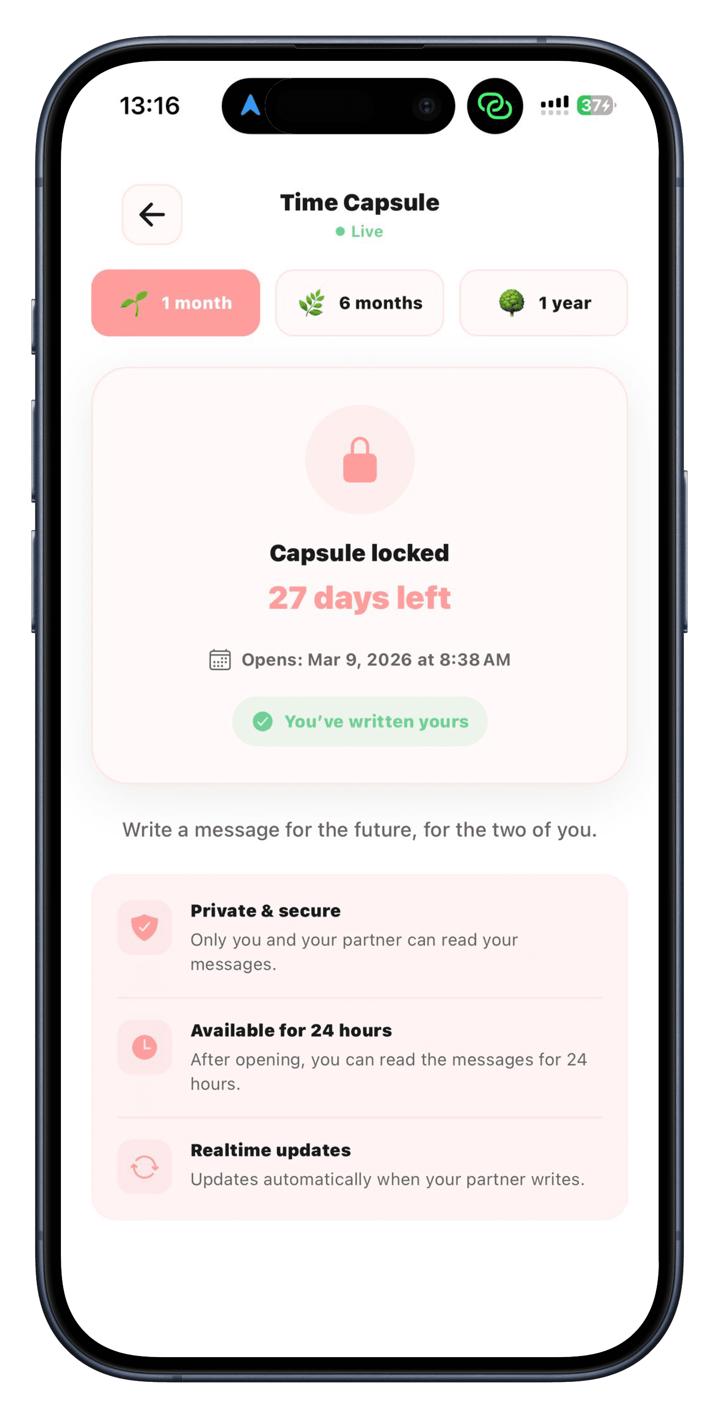 Time capsule feature showing future messages and countdown timer