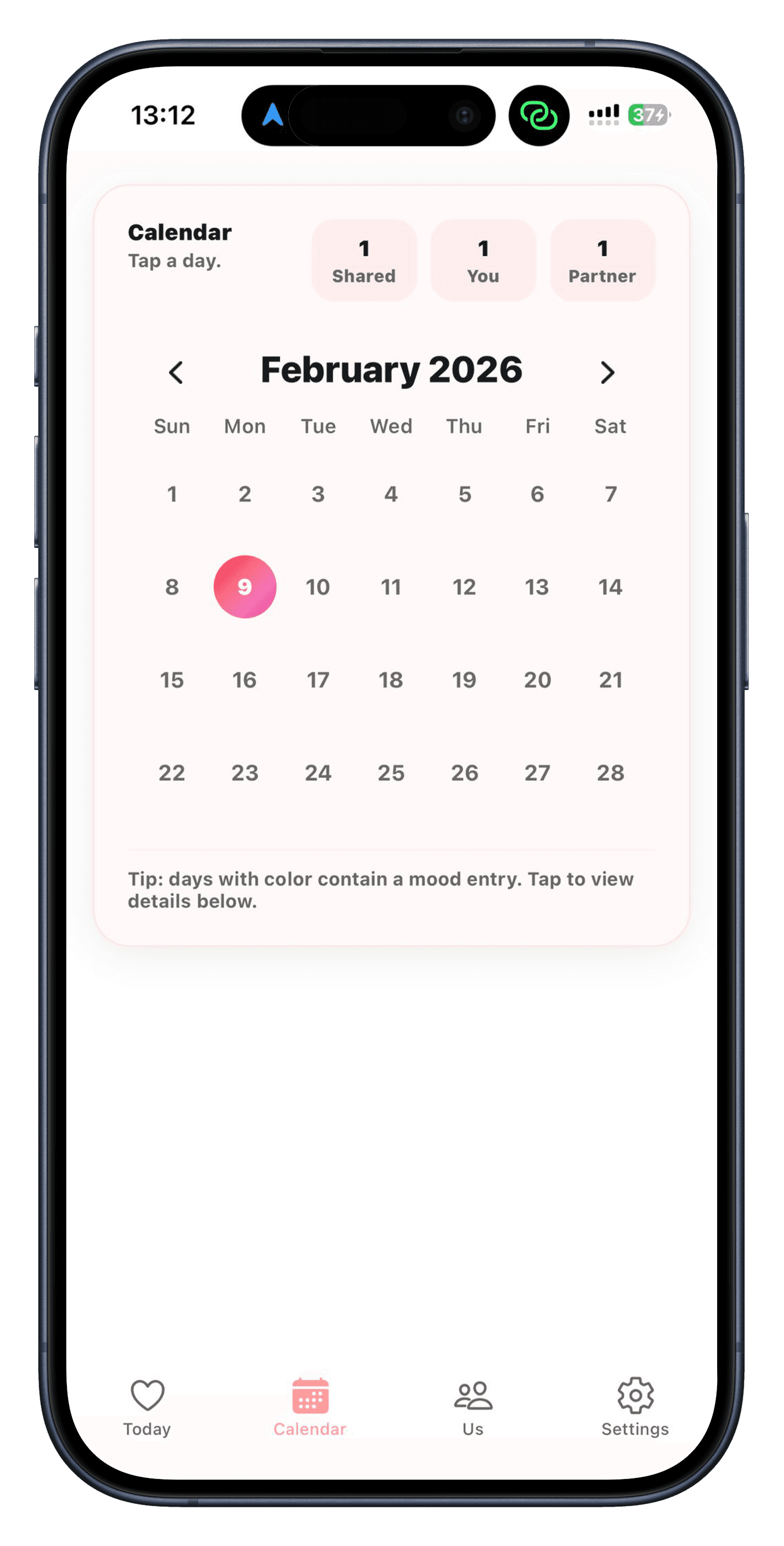 Shared calendar showing past relationship moments and emotional patterns