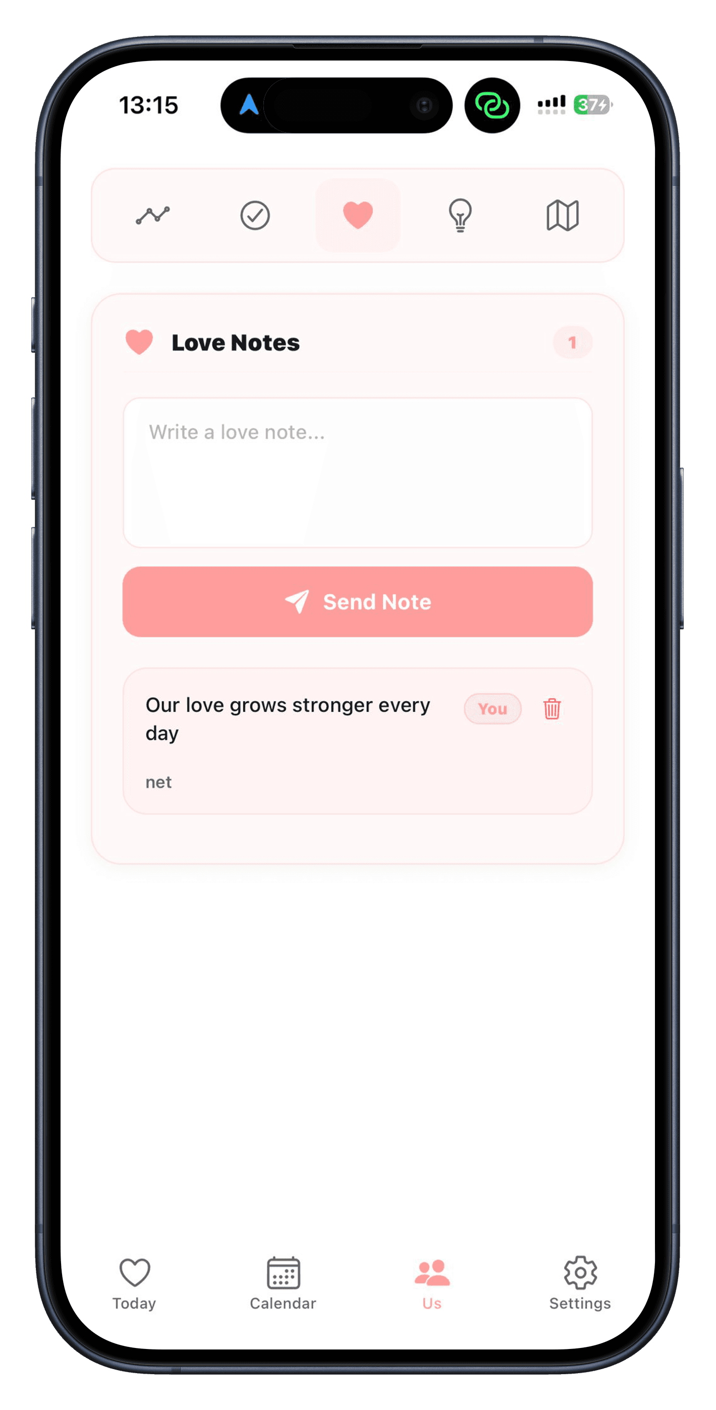 Love notes feature showing handwritten-style messages between partners