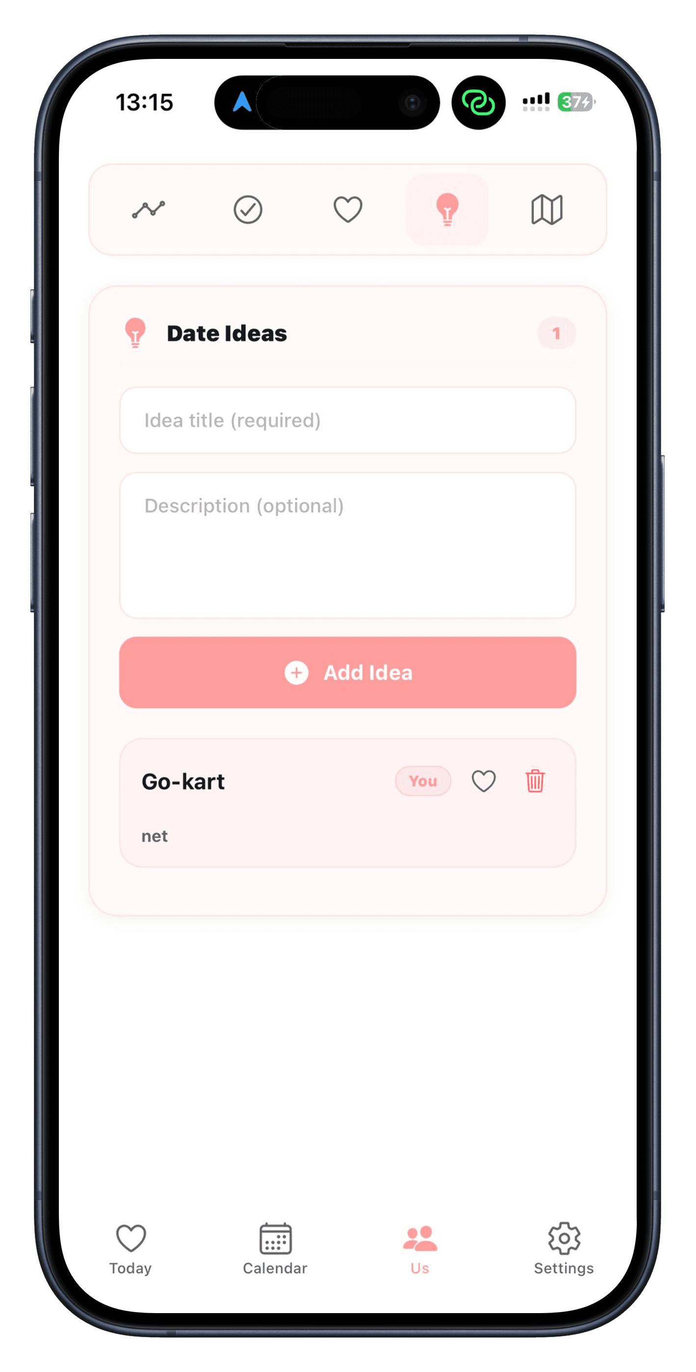 Shared goals screen showing couple goals and progress tracking