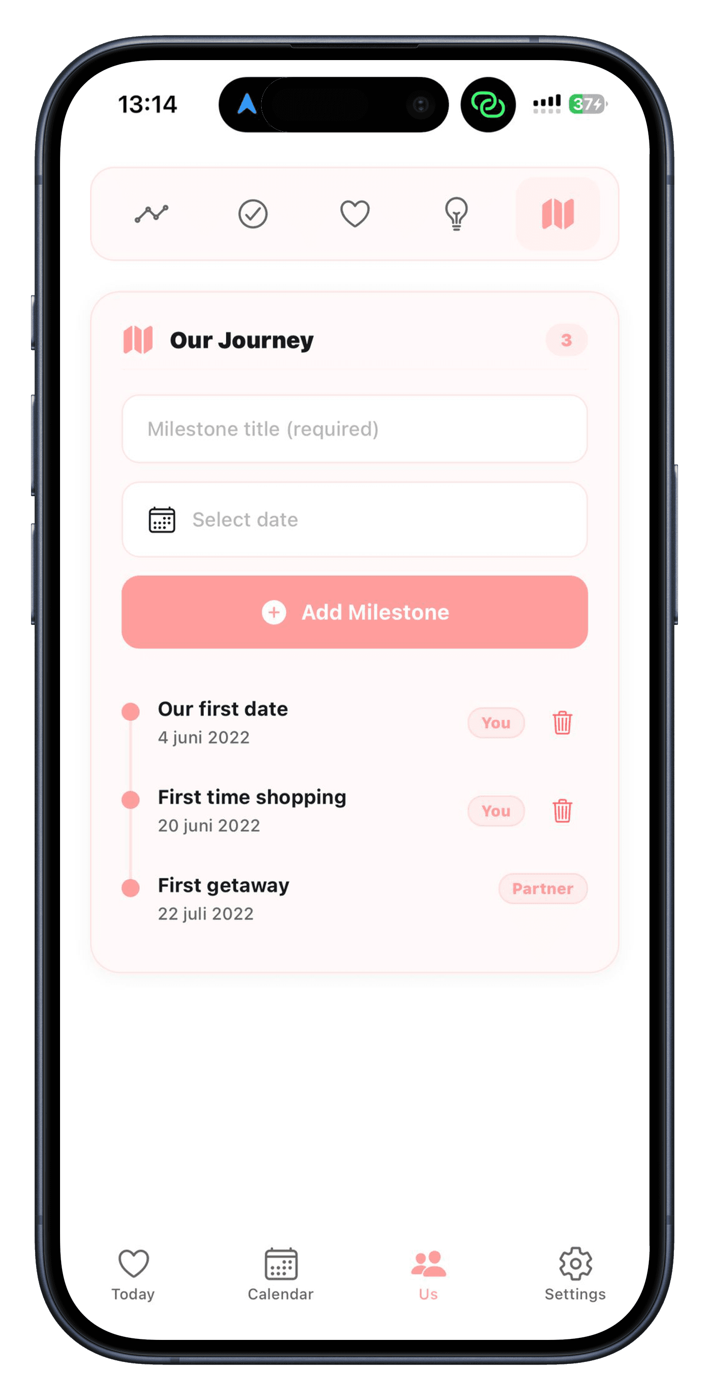 Milestones screen showing relationship anniversaries and special moments